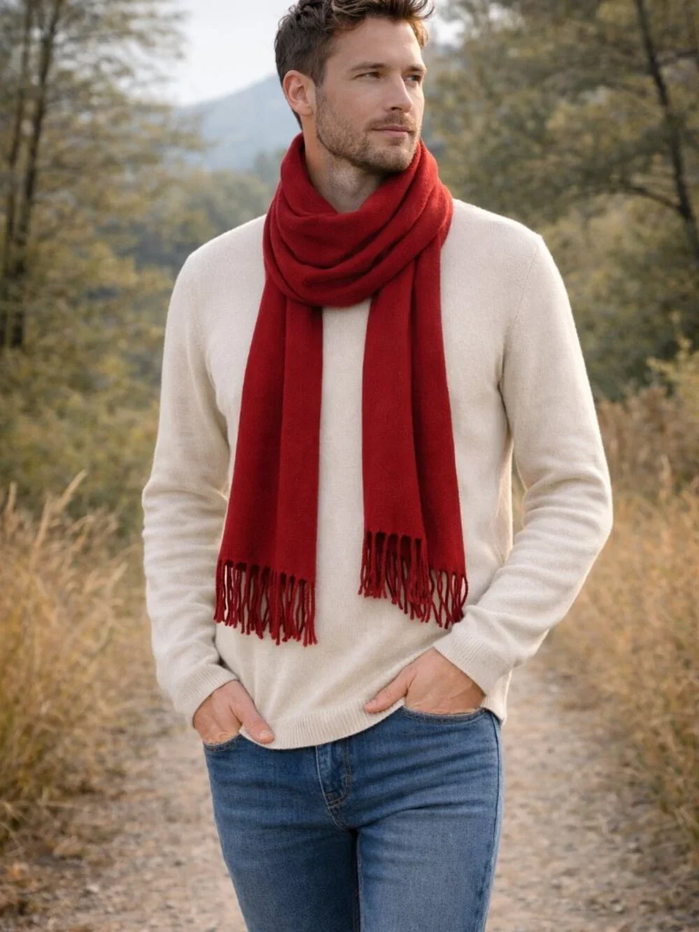 Cale Thomas Mens Red 100% Lambswool Scarf Made in‎ Italy Fringe Trim Winter Wear